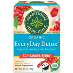 Traditional Medicinals logo. Detox. Wellness. Organic EveryDay Detox. Supports Healthy Liver Function. Schisandra Berry. Caffeine Free. 16 Wrapped Tea Bags. Herbal Supplement. NET WT .85 OZ (24g). Panda Friendly logo, USDA ORGANIC logo