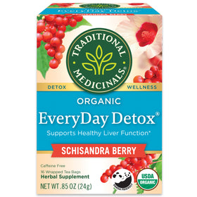 Traditional Medicinals logo. Detox. Wellness. Organic EveryDay Detox. Supports Healthy Liver Function. Schisandra Berry. Caffeine Free. 16 Wrapped Tea Bags. Herbal Supplement. NET WT .85 OZ (24g). Panda Friendly logo, USDA ORGANIC logo