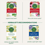 Herbalist's Recommendations. Throat Coat supports throat health. Echinacea Plus fires up the immune system. Chamomile relaxing and supports healthy digestion. Nightly Night promotes a good night's sleep.