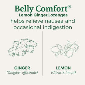 Belly Comfort Lemon Ginger Lozenges helps relieve nausea and occasional indigestion. Ginger (Zingiber officinale). Lemon (Citrus x limon)