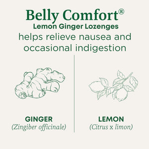 Belly Comfort Lemon Ginger Lozenges helps relieve nausea and occasional indigestion. Ginger (Zingiber officinale). Lemon (Citrus x limon)