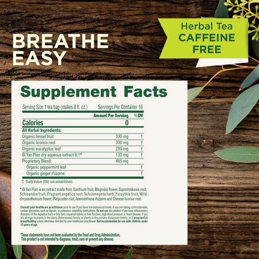 breathe easy herbal tea supplement facts. Do not use this product if you have inflammatory disorders of the digestive track or bile duct, impaired kidney or liver function. Do not use if you have known allergies to plants of the parsley family. Not recommended for use with children under 12 years of age.