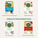 Herbalist's Recommendations. Weightless CRANBERRY relieves temporary water weight gain. Hibiscus supports heart health. Red Clover skin health support. Immune Zoom Lemon Ginger fires up the immune function.