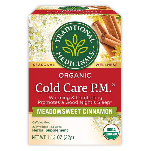 Traditional Medicinals logo. Seasonal Wellness. Organic Cold Care P.<. Warming & Comforting Promotes a Good Night's Sleep. MEADOWSWEET CINNAMON. Caffeine Free. 16 Wrapped Tea Bags. Herbal Supplement. NET WT 1.13 OZ (32g). USDA ORGANIC logo