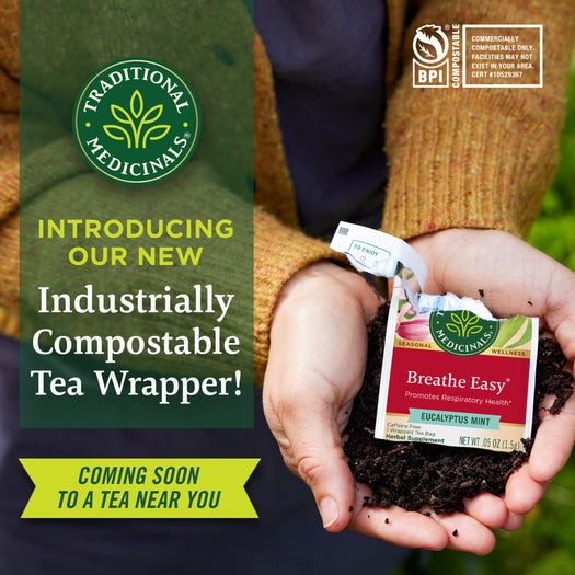 Traditional Medicinals logo. Introducing our new Industrially Compostable Tea Wrapper! Coming soon to a tea near you. BPI COMPOSTABLE logo. Commercially Compostable Only. Facilities may not exist in your area. CERT #10529367