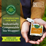 Traditional Medicinals logo. BPI COMPOSTABLE logo. Commerciall compostable only. Facilities may not exist in your area. CERT #10529367. Introducing our new industrially compostable tea wrapper! Coming soon to a tea near you.