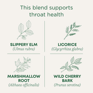 This blend supports throat health. Slippery ELM (Ulmus rubra). Licorice (Glycyrrhiza glabra). Marshmallow Root (Althaea officinalis). Wild Cherry Bark (Prunus serotina)