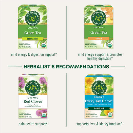 Herbalist's Recommendations. Green Tea Peppermint mild energy & digestion support. Green tea ginger mild energy support & promotes healthy digestion. Red Clover skin health support. EveryDay Detox Dandelion supports liver & kidney function