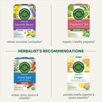 herbalist's recommendations: smooth move relieves occasional constipation. Pregnancy tea supports a healthy pregnancy. Cinnamon stress ease relieves stress, tension & irritability. Organic ginger promotes healthy digestion & nausea prevention