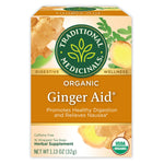 Traditional Medicinals logo. Digestive. Wellness. Organic Ginger Aid. Promotes Healthy Digestion and relieves nausea. Caffeine Free. 16 Wrapped Tea Bags. Herbal Supplement. NET WT 1.13 OZ (32g). USDA ORGANIC logo