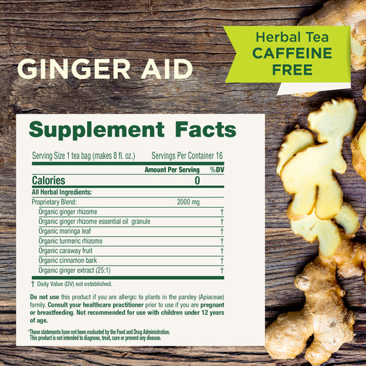 Ginger Aid. Herbal tea caffeine free. Supplement Facts.