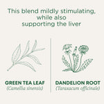 This blend mildly stimulating, while also supporting the liver. Green Tea Leaf (Camellia sinensis). Dandelion Root (Taraxacum officinale)