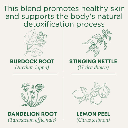 This blend promotes healthy skin and supports the body's natural detoxification process. Burdock root (Arctium lappa). Stinging Nettle (Urtica dioica). Dandelion Root (Taraxacum officinale). Lemon Peel (Citrus x Limon)