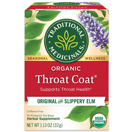 Traditional Medicinals logo. Seasonal. Wellness. Organic Throat Coat. Supports Throat Health*. Original with Slippery ELM. Caffeine Free. 16 Wrapped Tea Bags. Herbal Supplement. NET WT 1.13 OZ (32g)