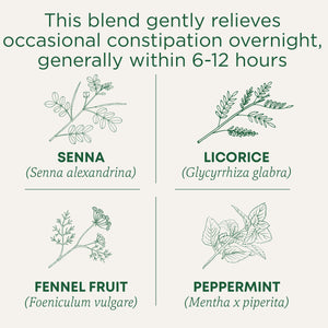 This blend gently relieves occasional constipation overnight, generally witim 6-12 hours