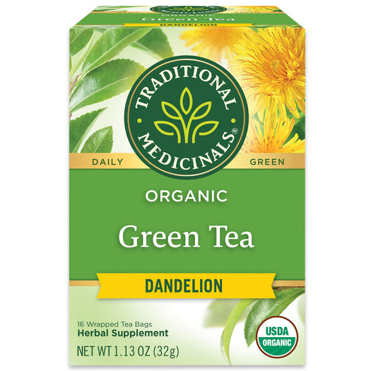 Traditional Medicinals logo. Daily. Green. Organic Green tea Dandelion. 16 Wrapped Tea Bags. Herbal Supplement. NET WT 1.13 OZ (32g) USDA ORGANIC logo