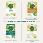 Herbalist's Recommendations. Fennel promotes healthy digestion. Belly Comfort Peppermint promotes healthy digestion for overindulgent occasions. Peppermint Delight Probiotic supports healthy digestion. Ginger & Chamomile relieves occasional indigestion or nausea