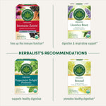 herbalist's recommendations: immune zoom elderberry echinacea, licorice root, peppermint delight probiotic, organic fennel