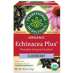 Traditional Medicinals logo. Seasonal. Wellness. Organic Echinacea Plus. Promotes Immune Function. ELDERBERRY. Caffeine Free. 16 Wrapped Tea Bags. Herbal Supplement. NET WT .85 OZ (24g). USDA ORGANIC logo