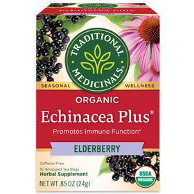 Traditional Medicinals logo. Seasonal. Wellness. Organic Echinacea Plus. Promotes Immune Function. ELDERBERRY. Caffeine Free. 16 Wrapped Tea Bags. Herbal Supplement. NET WT .85 OZ (24g). USDA ORGANIC logo