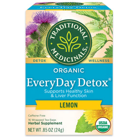 Traditional Medicinals logo. Detox. Wellness. Organic EveryDay Detox. Supports Healthy Skin & Liver Function. Lemon. Caffein Free. 16 Wrapped Tea Bags. Herbal Supplement. NET WT .85 OZ (24g). USDA ORGANIC logo