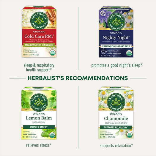 herbalist's recommendations:: cold care pm sleep & respiratory health support. Nighty night promotes a good night's sleep. Lemon balm relieves stress and chamomile supports relaxation