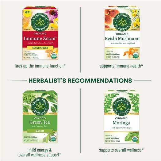 Herbalist's recommendations - lemon ginger fires up the immune function. Reishi mushroom supports immune health. Green tea mild energy & overall wellness support. Moringa supports overall wellness