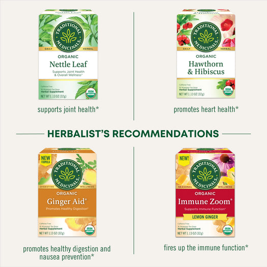 herbalist recommendations - nettle leaf, hawthorn & hibiscus, ginger ai and immune zoom