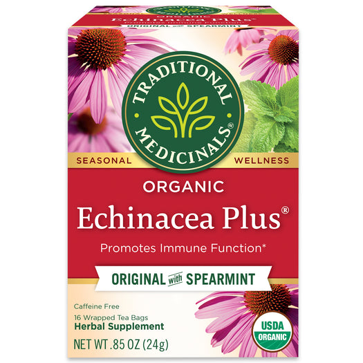 Traditional Medicinals logo. Seasonal. Wellness. Organic Echinacea Plus. Promotes Immune Function. Original with Spearmint. Caffeine Free. 16 Wrapped Tea Bags. Herbal Supplement. NET WT .85 OZ (24g). USDA ORGANIC logo