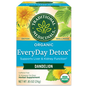 Traditional Medicinals logo. Detox. Wellness. Organic EveryDay Detox. Supports Liver & Kidney Function. Dandelion. Caffeine Free. 16 Wrapped Tea Bags. Herbal Supplement. NET WT .85 OZ (24g). USDA ORGANIC logo.