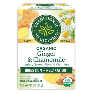 Traditional Medicinals logo. Daily. Herbal. Organic Ginger & Chamomile. Lightly Sweet, Floral & Warming. Digestion + Relaxation. Caffeine Free. 16 Wrapped tea Bags. Herbal Supplement. NET WT .85 OZ (24g). USDA ORGANIC logo