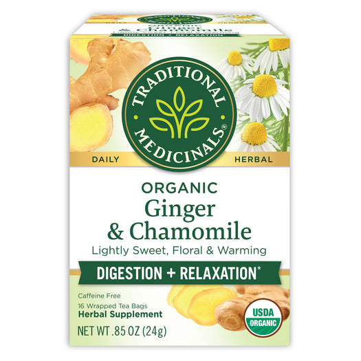 Traditional Medicinals logo. Daily. Herbal. Organic Ginger & Chamomile. Lightly Sweet, Floral & Warming. Digestion + Relaxation. Caffeine Free. 16 Wrapped tea Bags. Herbal Supplement. NET WT .85 OZ (24g). USDA ORGANIC logo