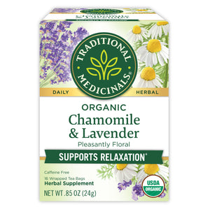 Traditional Medicinals logo. Daily Herbal. Organic Chamomile & Lavender. Pleasantly Floral. Supports Relaxation. Caffeine Free. 16 Wrapped Tea Bags. Herbal Supplement. NET WT .85 OZ (24g). USDA ORGANIC logo.