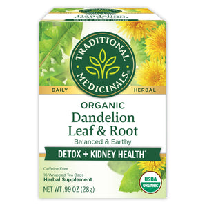 Traditional Medicinals logo. Daily. Herbal. Organic Dandelion Leaf & Root. Balanced & Earthy. Detox + Kidney Health. Caffeine Free. 16 Wrapped Tea Bags. Herbal Supplement. NET WT .99 OZ (28g). USDA ORGANIC logo