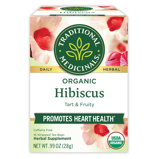 Traditional Medicinals logo. Daily. Herbal. Organic Hibiscus. Tart & Fruity. Promotes Heart Health. Caffeine Free. 16 Wrapped Tea Bags. Herbal Supplement. NET WT .99 OZ (28g). USDA ORGANIC logo