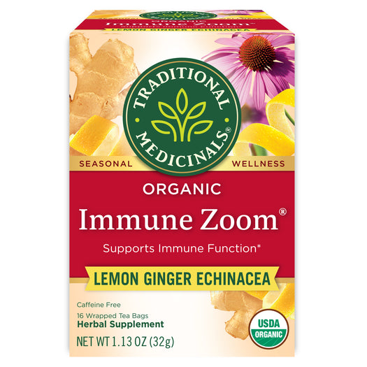 Traditional Medicinals logo. Seasonal. Wellness. Organic Immune Zoom. Supports Immune Function. Lemon Ginger Echinacea. Caffeine Free. 16 Wrapper Tea Bags. Herbal Supplement. NET WT 1.13 OZ (32g). USDA ORGANIC logo