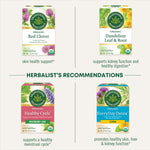 Herbalist's Recommendations. Red Clover skin health support. Dandelion Leaf & Root supports kidney function and healthy digestion. Healthy Cycle supports a healthy menstrual cycle. EveryDay Detox Lemon promotes healthy skin, liver & kidney function