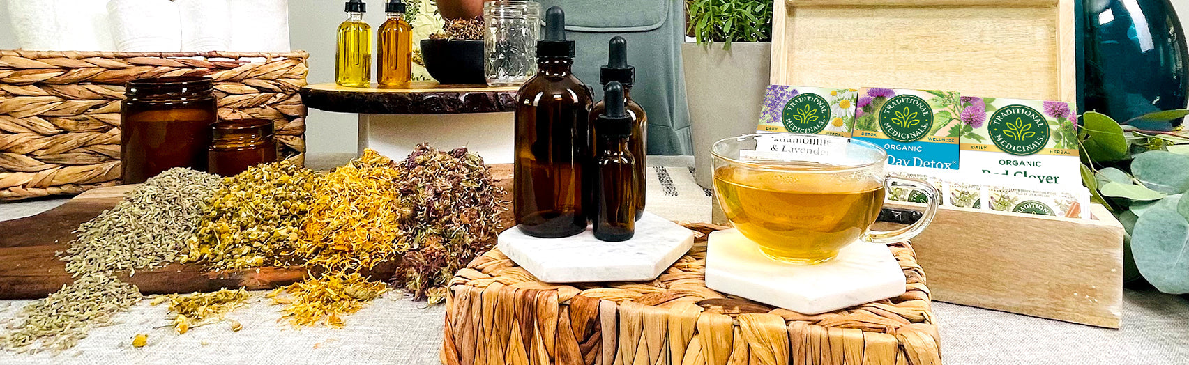 herbs and tea on a table