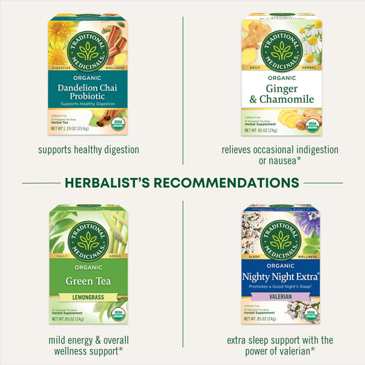 Herbalist's Recommendations. Dandelion Chai Probiotic supports healthy digestion, Ginger & Chamomile relieves occasional indigestion or nausea, Green Tea Lemongrass mild energy & overall wellness support, and Nighty Night Extra Valerian extra sleep support with the power of valerian.