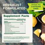 Herbalist Formulated. Herbal Tea Caffeine Free. Supplement Facts. Serving Size: 1 tea bag. Calories 0. Proprietary Blend: 2000 mg. Organic ginger rhizome, organic Echinacea purpurea herb,organic lemon myrtle leaf (Backhousia citriodora), Organic lemon peel, Organic licorice root, Organic cardamon seed, organic cardamon seed, Organic Echinacea pupurea root dry extract (2-8:1) , organic licorice root dry extract (6:1)