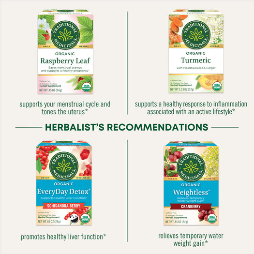 Herbalist's Recommendations. Raspberry Leaf supports your menstrual cycle and tones the uterus. Turmeric supports a healthy response to inflammation associated with an active lifestyle. EveryDay Detox Schisandra Berry promotes healthy liver function. Weightless Cranberry relieves temporary water weight gain.