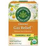 Traditional Medicinals. Digestive. Wellness. Organic Gas Relief. Relieves Gas & Bloating. Chamomile Mint. Caffeine Free. 16 Wrapped Tea Bags. Herbal Supplement. NET WT .85 OZ (24g). USDA ORGANIC logo