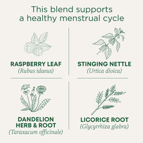 This blend supports a healthy menstrual cycle. Raspberry leaf (Rubus idaeus). Stinging Nettle (Urtica dioica). Dandelion Herb & Root (Taraxacum officinale). Licorice Root (Glycyrrhiza glabra)