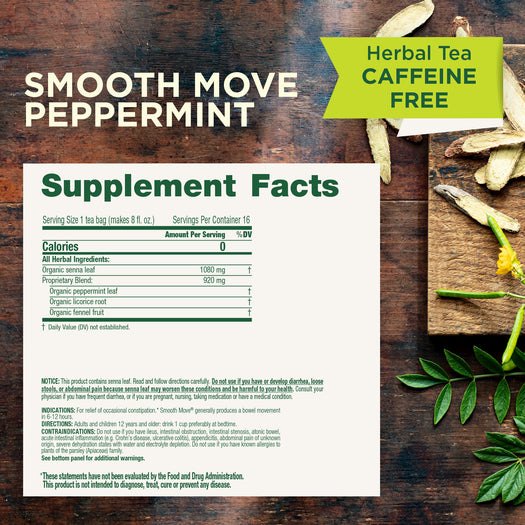 smooth move peppermint supplement facts. 16 servings per container. Proprietary blend: 1500 mg , 0 calories