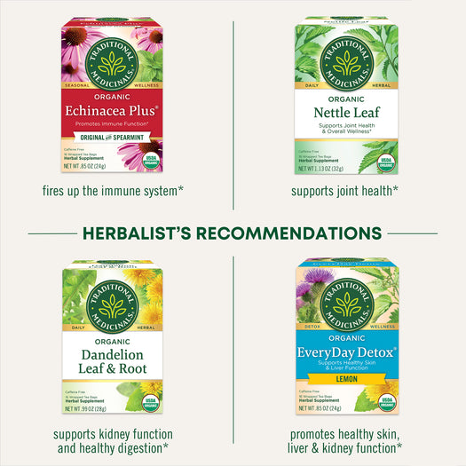 herbalist's recommendations:; echinacea plus fires up the immune system. Nettle leaf supports joint health. Dandelion leaf & root supports kidney function and healthy digestion. Lemon everyday detox promotes healthy skin, liver & kidney function.