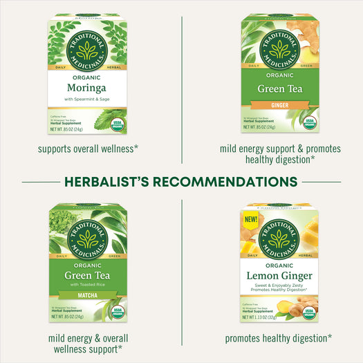 Herbalist's Recommendations. Moringa supports overall wellness. Green Tea Ginger mild energy support & promotes healthy disgestion. Green Tea Matcha mild energy & overall wellness support. Lemon Ginger promotes healthy digestion.