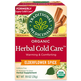 Traditional Medicinals logo. Seasonal. Wellness. Organic Herbal Cold Care. Warming & Comforting. Elderflower Spice. Caffeine Free. 16 Wrapped Tea Bags. Herbal Supplement. NET WT .99 OZ (28g). USDA ORGANIC logo