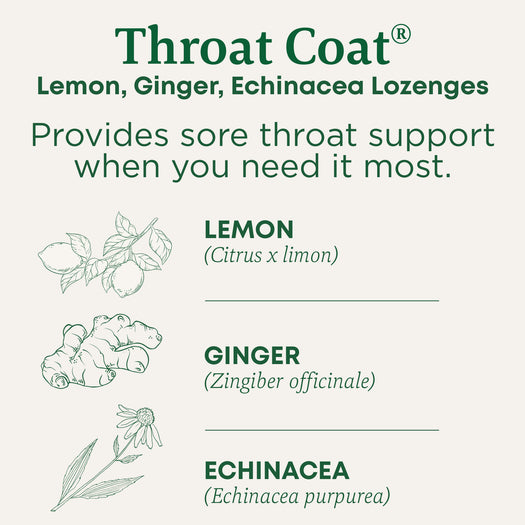 Throat coat lemon, ginger, enchinacea lozenges provides sore throat support when you need it most