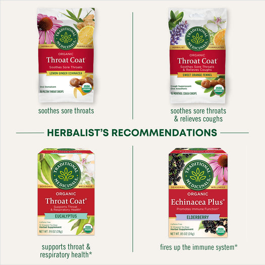 herbalist's recommendations: lemon ginger enchinacea, sweet orange fennel, eucalyptus, elderberry