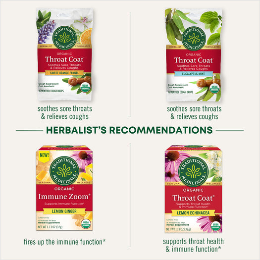 herbalist's recommendations: throat coat sweet orange fennel, eucalptus mint, lemon ginger, lemon echinacea